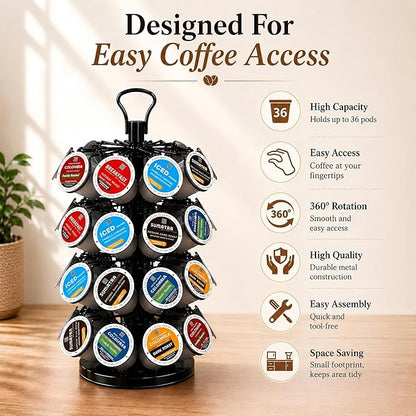 K Cup Holder-Coffee Pod Holder Organizer for 36 K-Cup Pods, 4-Tier Coffee Pod Carousel Compatible with K-Cups, 360° Rotating with Stable Base, Space-Saving for Kitchen Countertop & Office, Black