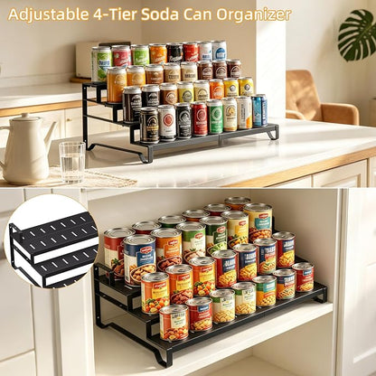 Attelite 4 Tier Expandable Can Rack Organizer for Pantry, Adjustable 13"-21" Metal Soda Can Organizer, Pantry Organization Canned Food Storage Holder for Kitchen Cabinet Countertop, Black 2Pack