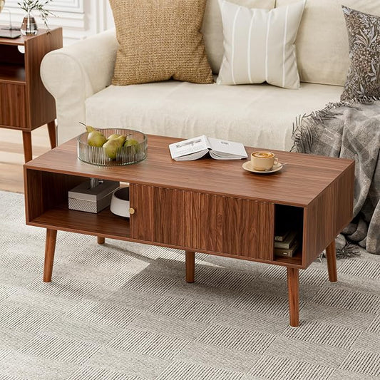 LCRBOL Coffee Table with Storage, Mid Century Dining Table with Sliding Fluted Door and Solid Wood Legs, Small Coffee Tables for Living Room, Walnut