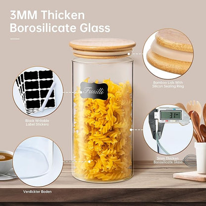 32oz - 4 Pack Glass Jars with Bamboo Lids, Glass Pantry Storage Containers with Airtight Lids, Round Air Tigh Food Storage Canisters for Cereal, Pasta, Flour, Sugar, Rice, Best for Kitchen Organizer