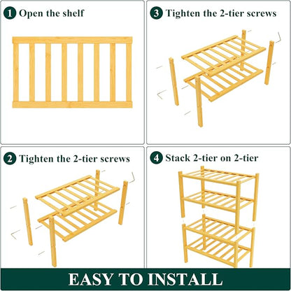 Smiry Small Bamboo Shoe Rack, 4 Tier Free Standing Wooden Shoe Organizer, Stackable Wood Shoe Storage Shelf for Closet, Entryway, 12 Vertical Slats, 2+2 Stack Standard Legs, 17.3"x11"x26", Natural