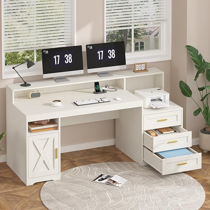 TVU Farmhouse Computer Desk with Drawers, 65'' Home Office Desk with Power Outlets, Storage Cabinet and Printer Stand, Study Writing Desks with Long Monitor Stand, White