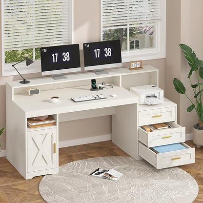 TVU Farmhouse Computer Desk with Drawers, 65'' Home Office Desk with Power Outlets, Storage Cabinet and Printer Stand, Study Writing Desks with Long Monitor Stand, White