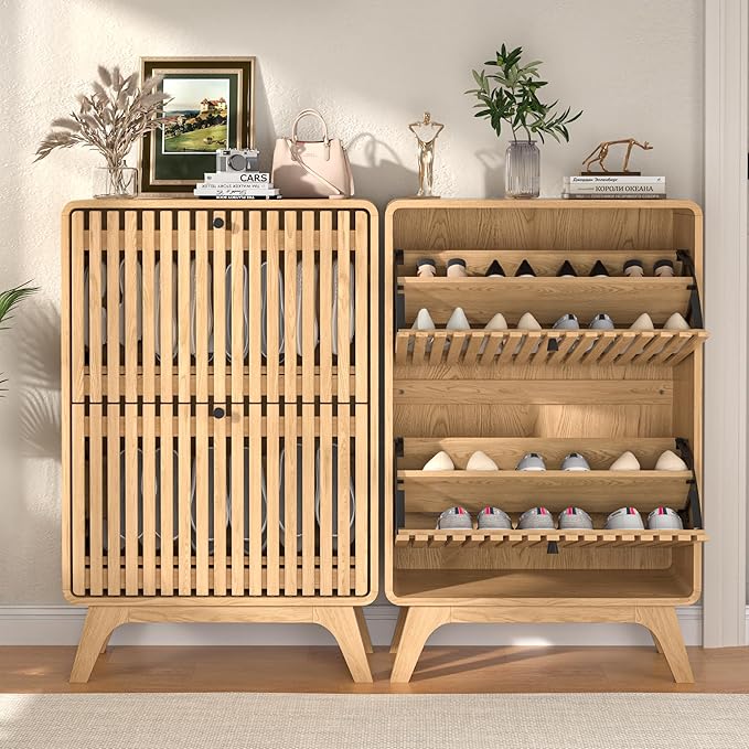Narrow Shoe Cabinet Storage for Entryway, Modern Cabinet Rack with 2 Flip Drawers, Slim Wood Fluted Entry Way Shoe Organizer, Wooden, Small, Farmhouse, Freestanding, Natural Oak (39.4 Inch)