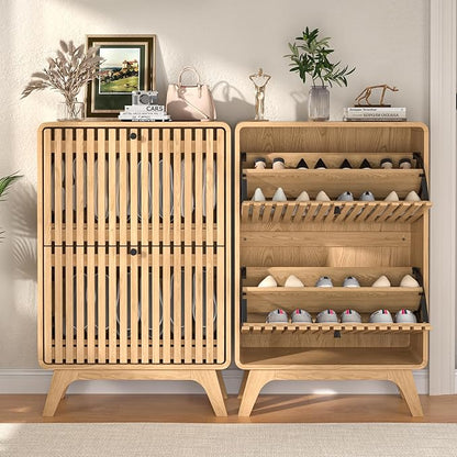 Narrow Shoe Cabinet Storage for Entryway, Modern Cabinet Rack with 2 Flip Drawers, Slim Wood Fluted Entry Way Shoe Organizer, Wooden, Small, Farmhouse, Freestanding, Natural Oak (39.4 Inch)