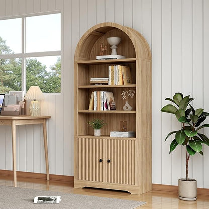 LCVTNDArched Bookcase with Storage, 6 Tier Bookshelf with Door, Freestanding Display Storage Cabinet Farmhouse Storage Shelves for Living Room,Bedroom Home Office,Natural Oak*2