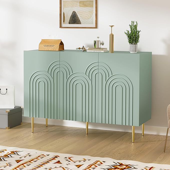 ARTPOWER 47" Sideboard Buffet Cabinet with 3 Doors - Accent Modern Cloud Relief Decorative Credenza with Storage for Living Room, Kitchen, Dining Room, Hallway, Entryway, Green