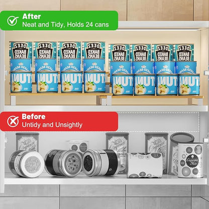Expandable Can Organizer for Pantry, 3-Tier Adjustable Bamboo & Iron Can Rack for Cabinets, Easy Access Food Storage Shelf for Canned Goods, Soda & Soup Cans, Holds Up to 30 Cans, White