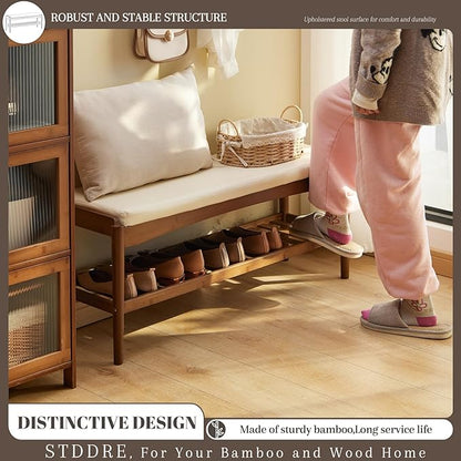 Shoe Rack Bench Entryway Bamboo Shoe Storage Bench with Leather Cushion 2 Tiers Shoe Rack Entryway Bench for Hallway, Living Room,Bedroom(Beige Bench top+Brown Frame)