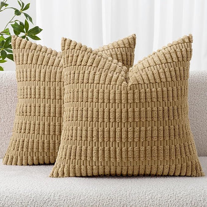 MIULEE Pack of 2 Corduroy Decorative Euro Sham Throw Pillow Covers 22x22 Inch Soft Boho Striped Pillow Covers Modern Farmhouse Home Decor for Sofa Living Room Couch Bed Khaki