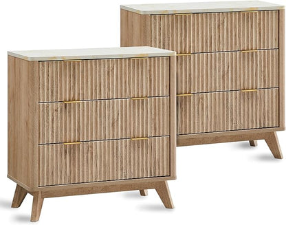 T4TREAM Fluted 3 Drawers Nightstand Set of 2, Oversized Extra Large Modern Side Table with Faux Marble Top, End Table Bedside for Bedroom, Living Room, Curved Profile Design, Natural Oak