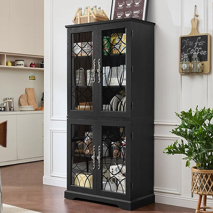 67" Tall Pantry Cabinet, Vintage Kitchen Pantries Cabinets with Glass Doors & Adjustable Shelves, Freestanding Wood Cupboard with Large Storage for Dingning Room, Bathroom, Black