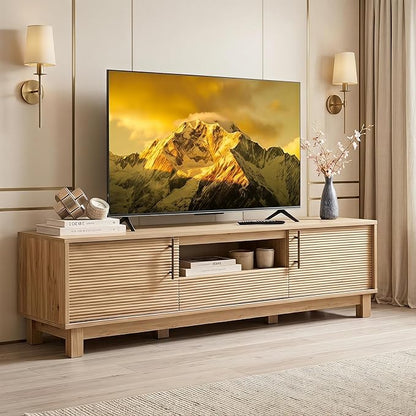 Amada 58" TV Stand for TVs up to 65 Inch, 58 Inch Fluted Entertainment Center with Storage Cabinets and Drawer, Mid Century Modern TV Console Table for Living Room & Bedroom, Natural Oak