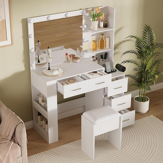 Garvee 41" Large Vanity Desk with 10-Bulb Mirror and Built-in Outlets - Makeup Vanity Desk with 3 Color Lighting Modes and 5 Drawers - Dressing Table with Soft Cushioned Stool for Bedroom