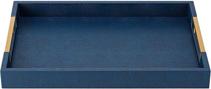Navy Blue Faux Leather Serving Tray with Handles – Large Decorative Tray for Coffee Table, Ottoman, Living Room, Bathroom – Home Decor