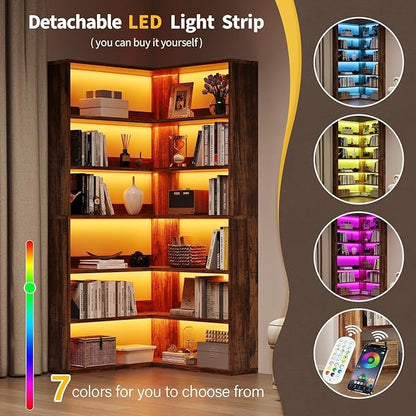 4 EVER WINNER Corner Bookshelf, 6 Tier Bookcase with LED Light and Storage, Industrial Tall Bookshelf Etagere Bookcase, 71” Corner Book Shelf with Storage Display Rack with Baffles for Home Office