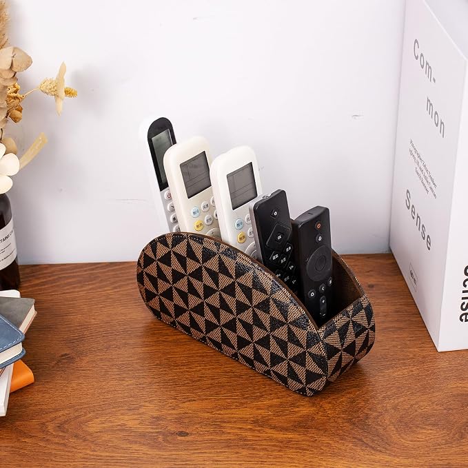 Remote Control Holders Organizer Box with 5 Compartment PU Leather Multi-functional Office Desk Storage Caddy Store Tv Remote for Media Player,Brush,Pencil,Glassees&Office Supplies (Triangle print)