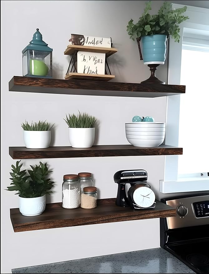 YYWUOJJ Wood Floating Shelves for Wall Decor, Rustic Wall Shelves for Bedroom Bathroom Kitchen Living Room, Set of 4 Walnut 24 Inch