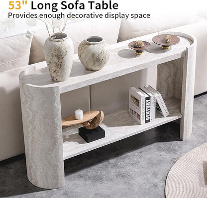 53" Console Table for Entryway, Narrow Sofa Entrance Table with Faux Mars Marble Pattern, Modern Sofa Tables with Storage Shelf for Living Room, Hallway, Foyer, Home Office, Beige