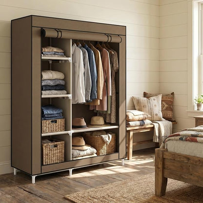 Calmootey Portable Closet Organizers, Clothing Storage, Wardrobe with 6 Shelves and Hanging Rod, Non-Woven Fabric Cover with 4 Side Pockets, Brown