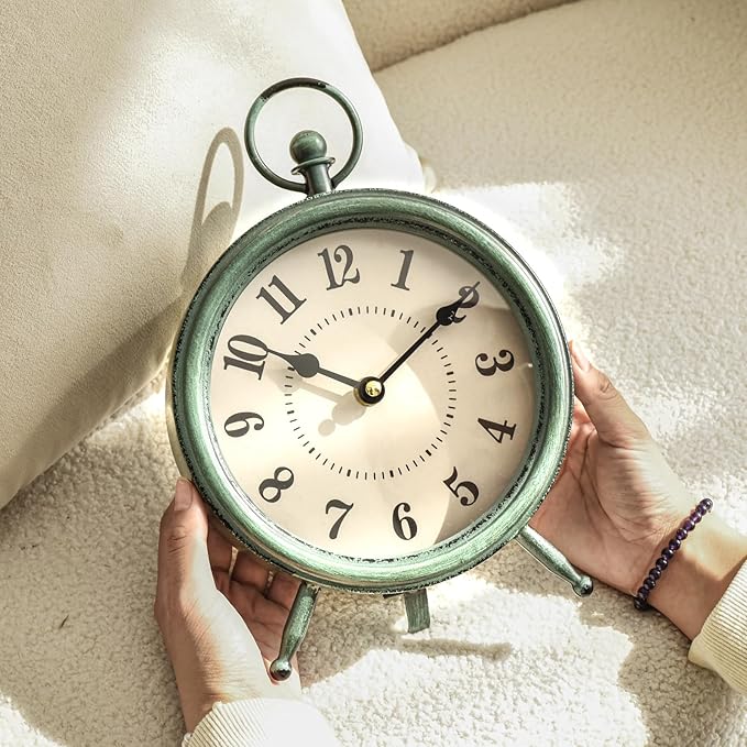 MACVAD EMAX Home Vintage Green Rustic Retro Table Clock, Silent Non-Ticking, Battery Operated, 10.5"H, 7.28"W, Green Dial, Tabletop, Indoor, Kitchen