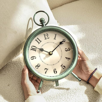MACVAD EMAX Home Vintage Green Rustic Retro Table Clock, Silent Non-Ticking, Battery Operated, 10.5"H, 7.28"W, Green Dial, Tabletop, Indoor, Kitchen