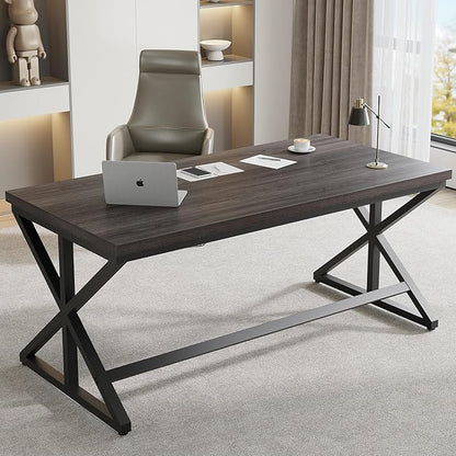 IBF 60 Inch Long Office Desk, Modern Metal Wooden Grey Writing Study Computer Desk for Bedroom, Farmhouse Big Simple Home Office Desks Executive Work Pc Table for Student, Dark Gray Oak
