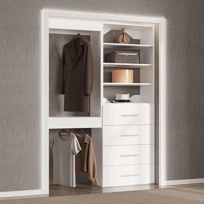 Modular Closet Organizer, 49" Wide with Tower & Drawers, Wood Tower Storage for Walk-In Closets, Wall-Mounted Wardrobe Organizer Kit, Bedroom, White