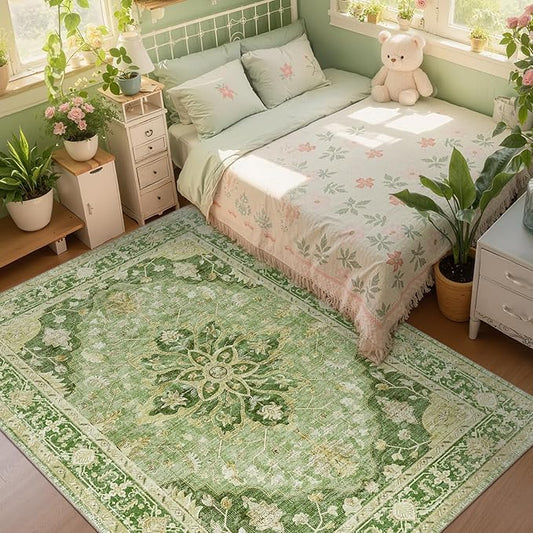 RELEANY Area Rugs 6'x9' Washable Non-Slip, Floral Vintage Distress Medallion Carpet for Living Room Bedroom Dining Room, Sage Green Yellow