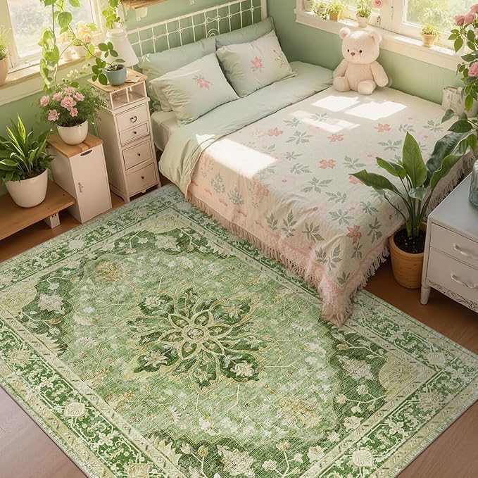 RELEANY Area Rugs Large 9'x12' Washable Non-Slip, Floral Vintage Distress Medallion Carpet for Living Room Bedroom Dining Room, Sage Green Yellow