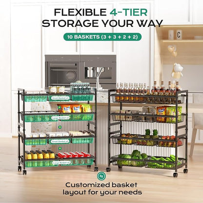 Cinati 4-Tier Snack Cart with Wheels, 29''W Toy Storage Organizer, Rolling Pantry Storage Cart with 10 Wire Baskets & Handle,Adjustable Metal Snack Rack, Kitchen Organizer for Fruit, Vegetables(Black)