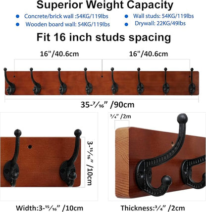 WEBI Rustic Coat Rack Wall Mount,35.43" Long 8 Cast Iron Coat Hooks Wall Mounted,Heavy Duty Wood Wall Coat Hanger Hooks for Hanging Coats,Jacket,Clothes,Backpack,Farmhouse,Cherry