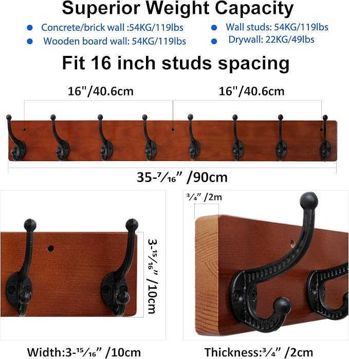 WEBI Rustic Coat Rack Wall Mount,35.43" Long 8 Cast Iron Coat Hooks Wall Mounted,Heavy Duty Wood Wall Coat Hanger Hooks for Hanging Coats,Jacket,Clothes,Backpack,Farmhouse,Cherry,2 Packs