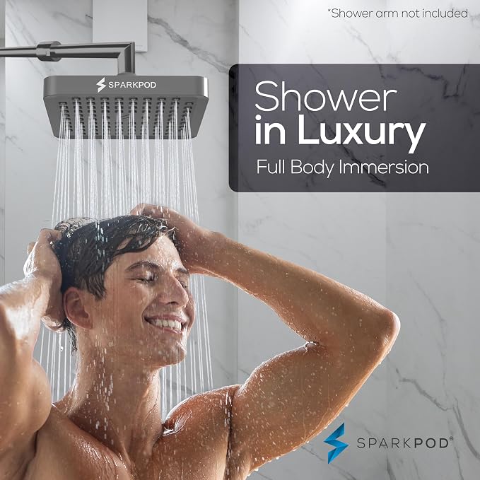 SparkPod Rain Shower Head, 6 Inch Square | High Pressure Shower Heads, 90 Nozzle (Touch-to-Clean), Adjustable Showerhead, No-tool Universal Connection