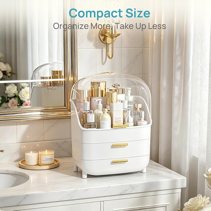 Vtopmart 3-Tier Skincare Makeup Organizer with Drawers and Lid for Vanity and Bathroom Countertop, Large Cosmetic Storage Box Case for Dresser, with Non-Slip Base