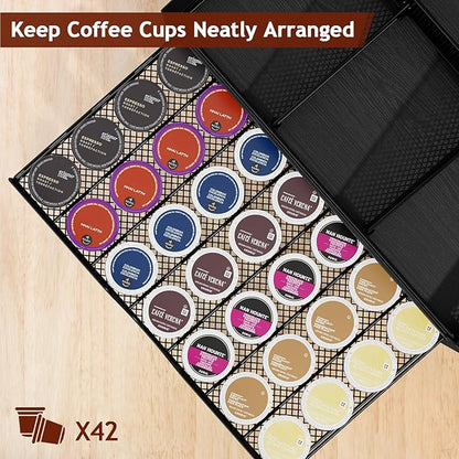 Homsorout Coffee Bar Organizer - Coffee Station for Countertop, Metal and Wood K Cup holder Storage Basket with Drawer for Syrup, Cups, Stirrer, Condiment, Tea Organizer, Black