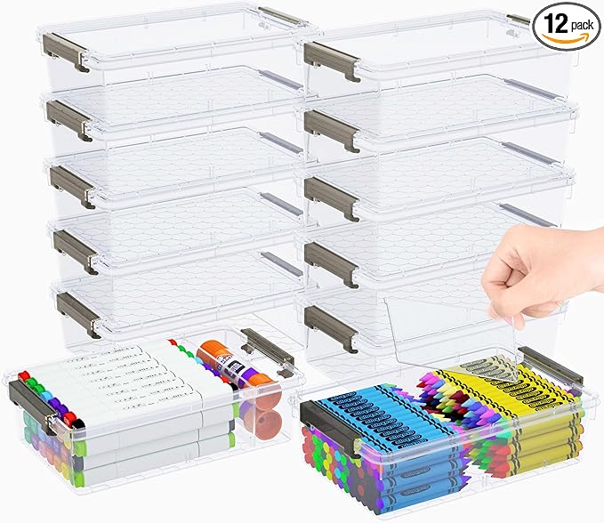 GEOPHIA 12 Pack Extra Large Pencil Box with Removable Divider, Thickened Pencil Case Bulk, Clear Crayon Marker Organizer Stackable Plastic Small Storage Containers for Pen Craft School Supplies(Grey)
