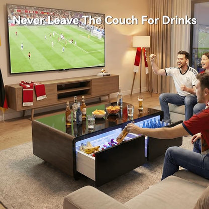 LIVTAB Smart Coffee Table, 27.8" D x 51" W x 18.1" H, Living Room Table with Built in Fridge and Speakers, Smart Table with 15W Wireless Charging, USB Chargers and 110V Outlets (Brown)