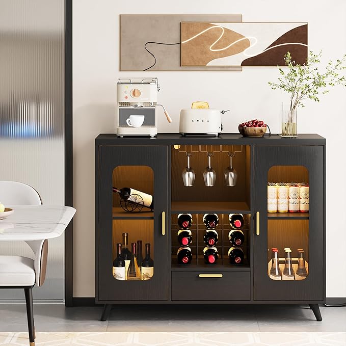 Bar Cabinet with Power Outlets, Modern Coffee Bar Sideboard with LED Light, Farmhouse Liquor Cabinet with Wine Rack, Glass Holder & Wine Storage, Black