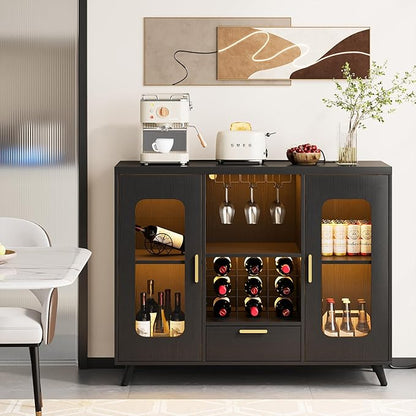 Bar Cabinet with Power Outlets, Modern Coffee Bar Sideboard with LED Light, Farmhouse Liquor Cabinet with Wine Rack, Glass Holder & Wine Storage, Black