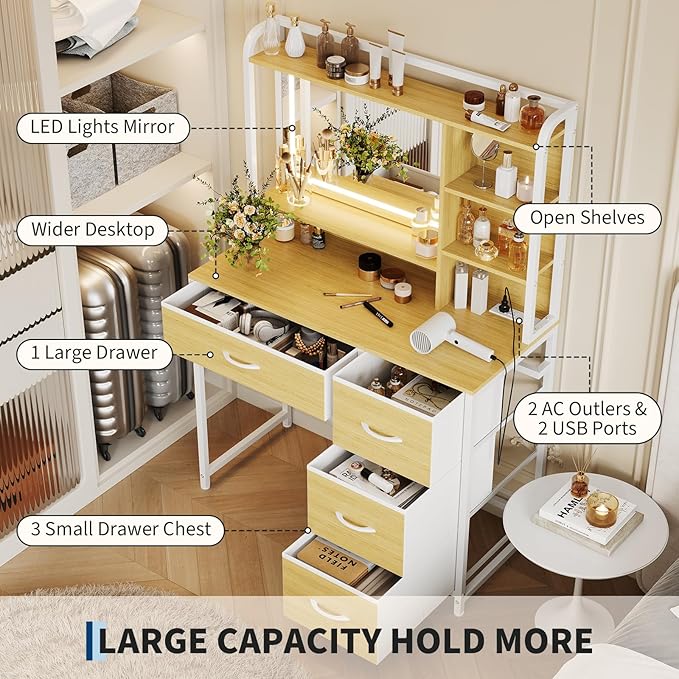 35.4" Vanity Desk with Square Mirror for Bedroom, Makeup Table with 4 Fabric Drawers & Storage Shelves, Modern Dressing Desk for Women Girls
