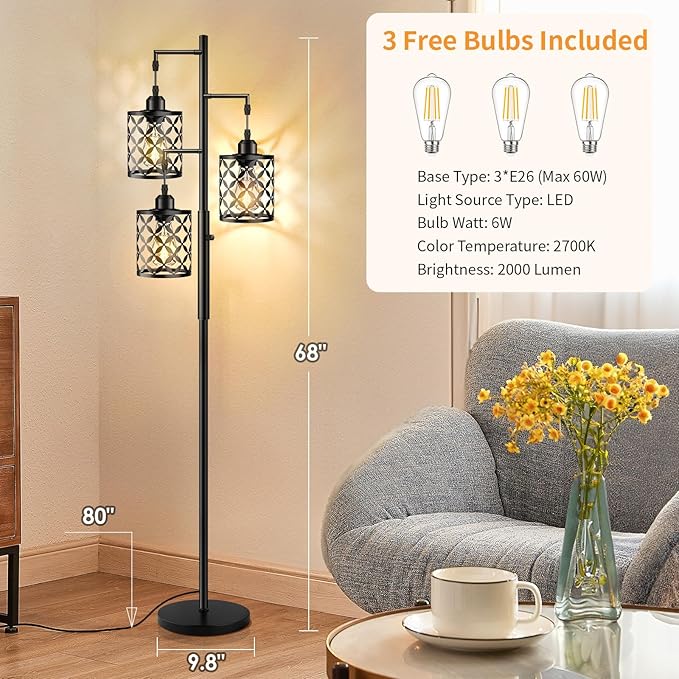 68" Dimmable Floor Lamp, Farmhouse Standing Lamp with Elegant Metal Cage, Industrial Tall Tree Floor Lamps for Living Room, Bedroom, Study Room, Office (2000LM LED Bulbs Included) - Black