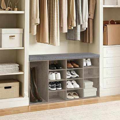 DINZI LVJ Shoe Storage Bench with Cushion, 14-Cubby Shoe Rack, Adjustable Shelves, Multifunctional Shoe Organizer Bench for Entryway, Mudroom, Hallway, Living Room, Bedroom and Garage, Gray Wash
