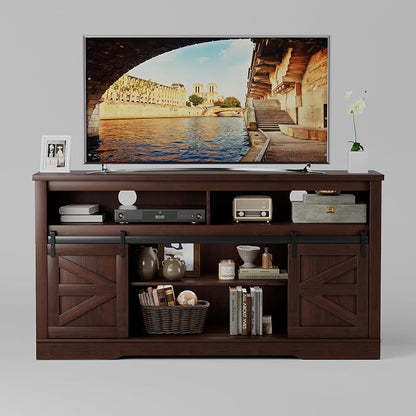 JUMMICO Fireplace TV Stand for 65+ Inch TV with 26'' Fireplace Entertainment Center with Storage Cabinet and Adjustable Shelves, Media Console with Sliding Barn Door for Living Room (Brown)