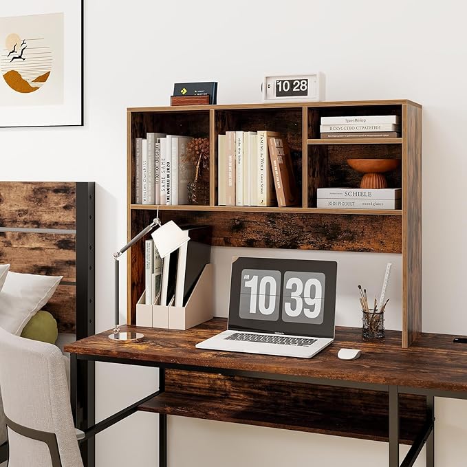 LDAILY Desktop Bookshelf, 2-Tier Office Desk Shelf Organizer with 4 Shelves, 37’’L Wood Storage Rack Display Shelf for Computer Desk, Office, Dorm, Bedroom (Coffee)