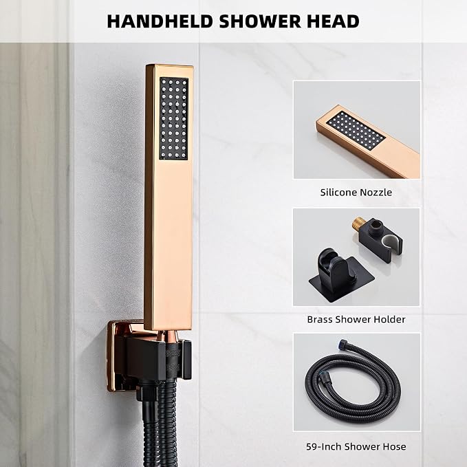Rainfall Shower Faucet Set with Tub Spout 10 Inch, Shower Head and Handle with 2 Hooks, Rain Shower and Handheld Shower System Square Wall Mount for Bathroom