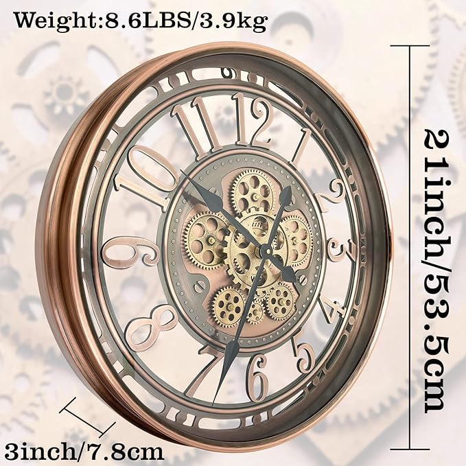 DORBOKER Real Moving Gears Wall Clock Large Modern Metal Clocks for Living Room Decor, Industrial Steampunk Unique Vintage Rustic Decorative Clock for Home Farmhouse Office, 21 Inch Red Copper Arabic