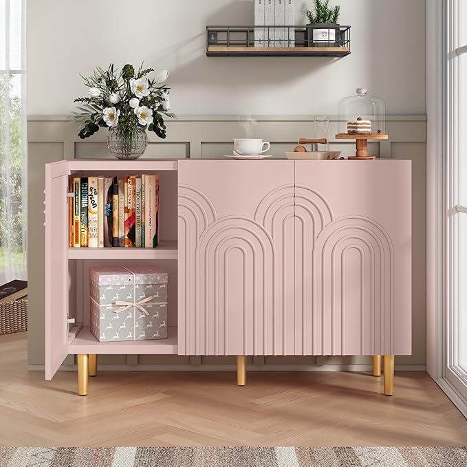 ARTPOWER 47" Accent Cabinet with Cloud Relief, Sideboard Buffet Cabinet with 3 Doors, Modern Decorative Credenza with Storage for Living Room, Kitchen, Dining Room, Hallway, Entryway, Pink