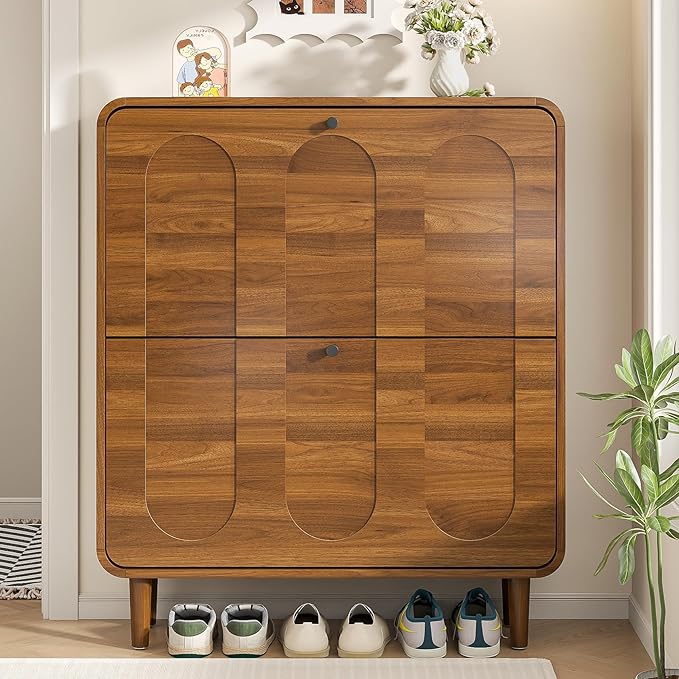 Narrow Shoe Storage Cabinet for Entryway with 2 Flip Drawers, Curved Shoe Cabinet with Arched Stripe Panel, Freestanding Hidden Shoe Organizer Closed for Foyer, Hallway (Walnut, 31.5 inches)