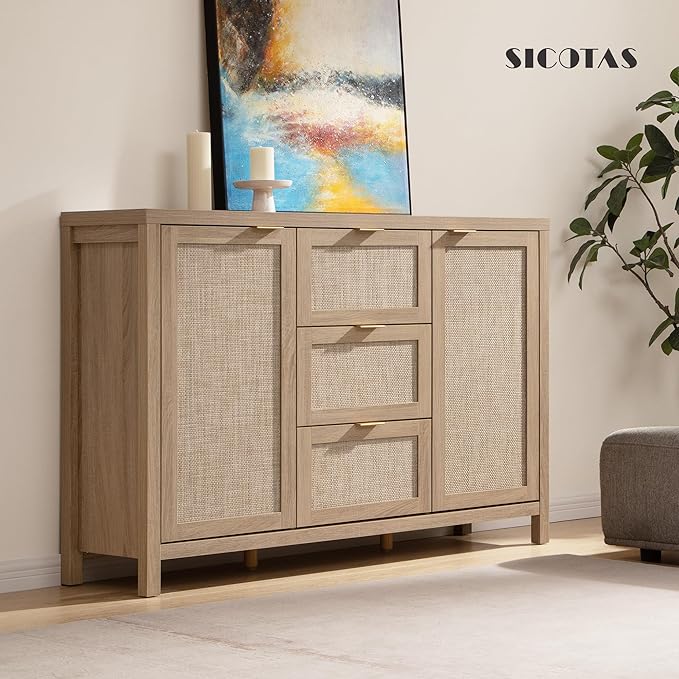 SICOTAS 52" Larger Sideboard Buffet Coffee Bar Cabinet with Storage - Farmhouse Rattan Credenza Storage Cabinet with 3 Drawers and 2 Doors, Boho Console Table for Living Room, Kitchen, Light Oak